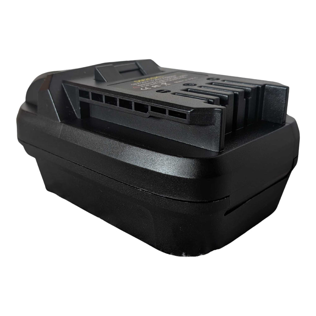 DeWalt 20V MAX to SKIL 20V PWR CORE battery adapter - SKIL tool-side connection at the near end, raised fins beside the slots