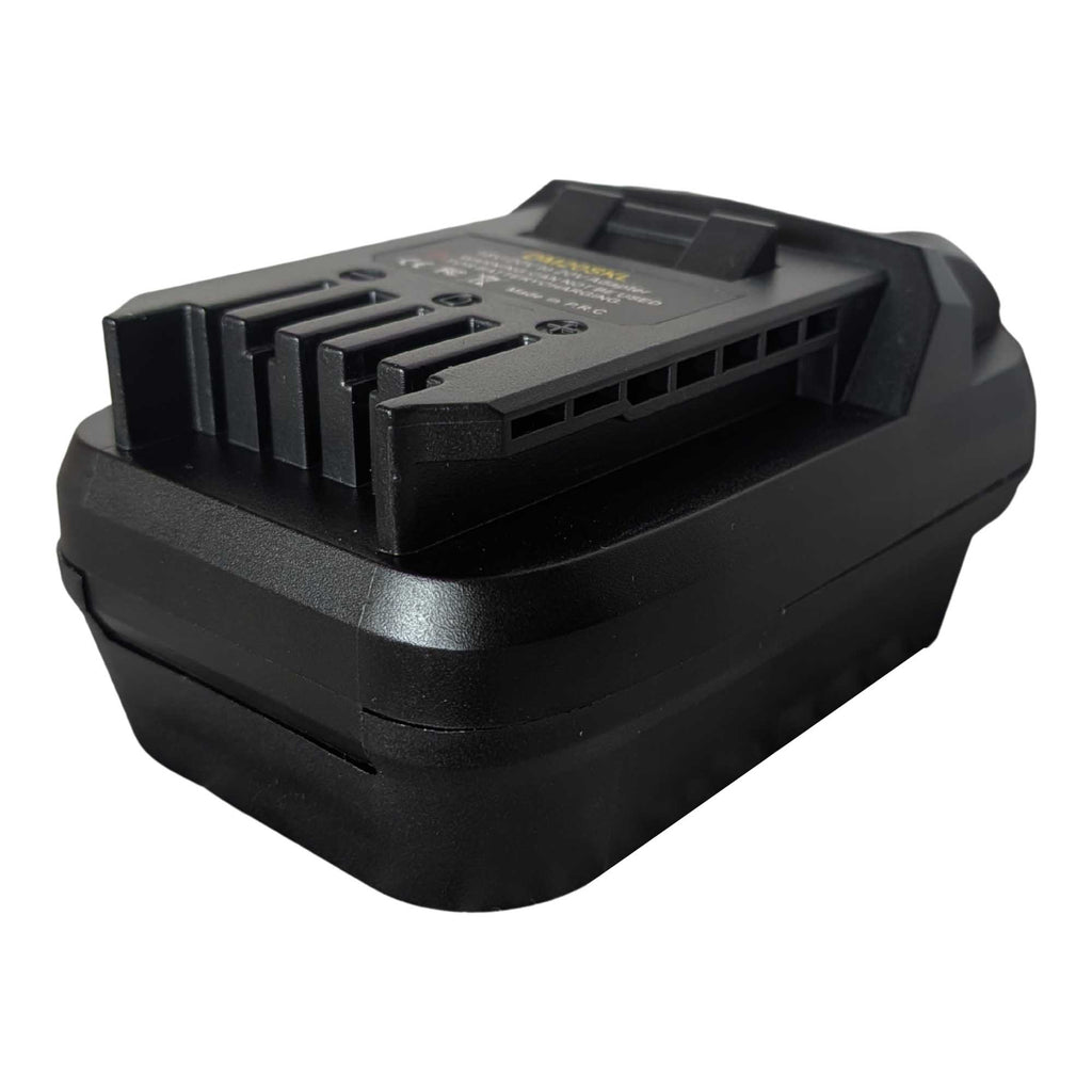 DeWalt 20V MAX to SKIL 20V PWR CORE battery adapter - SKIL tool-side connection at the near end, raised fins beside the slots