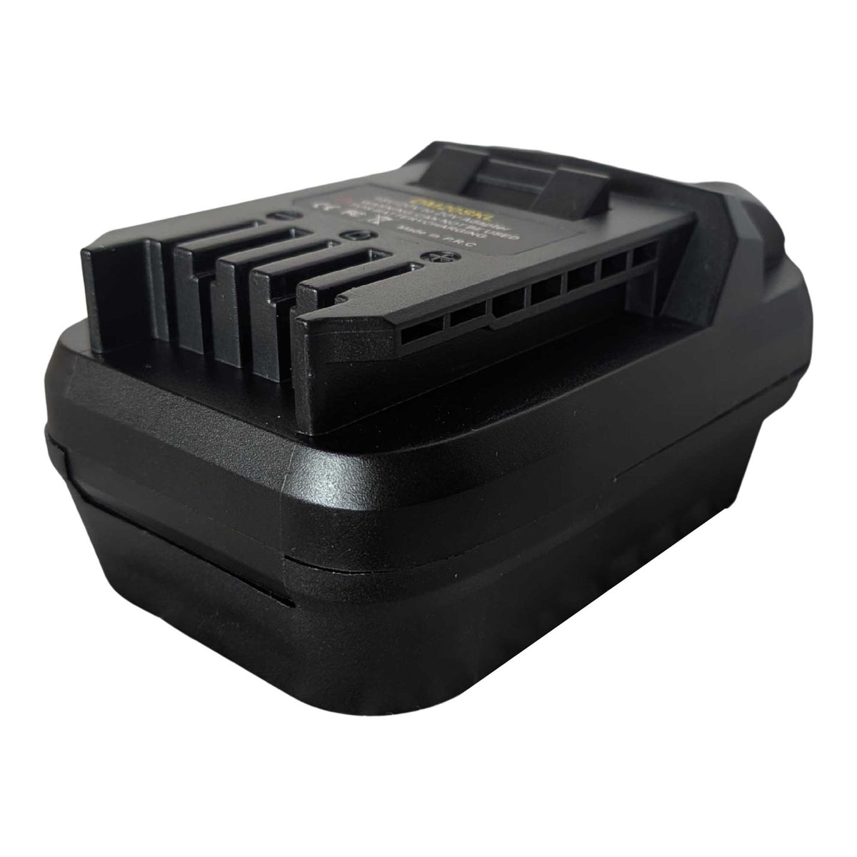 DeWalt 20V MAX to SKIL 20V PWR CORE battery adapter - SKIL tool-side connection at the near end, raised fins beside the slots