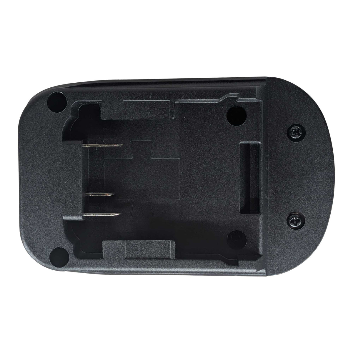 DeWalt 20V MAX to SKIL 20V PWR CORE battery adapter - stepped battery-side pocket, three terminal blades and a latch slot