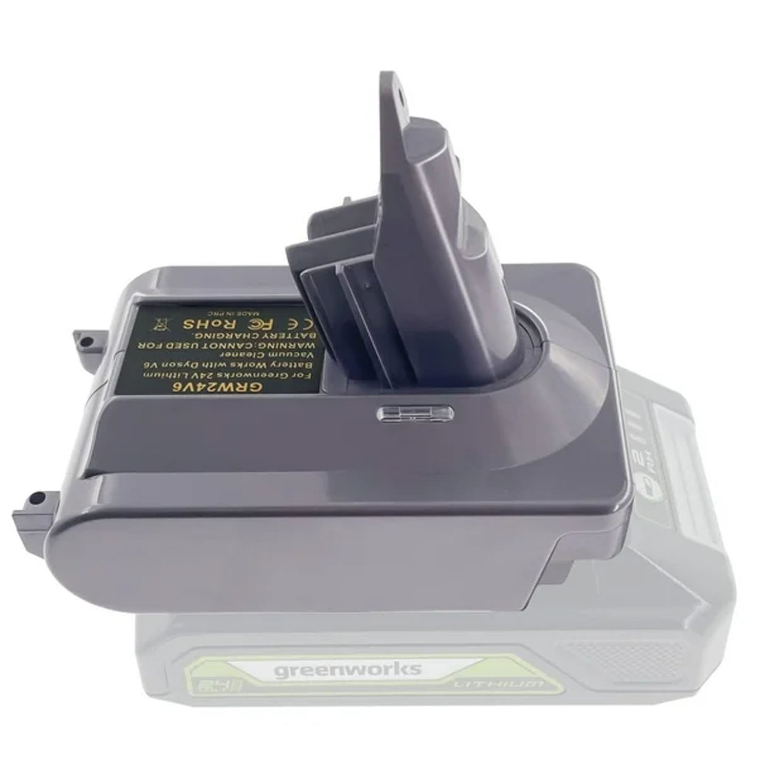 Greenworks 24V to Dyson V6 battery adapter - fitted to the Greenworks 24V battery, Dyson tool-side post upward