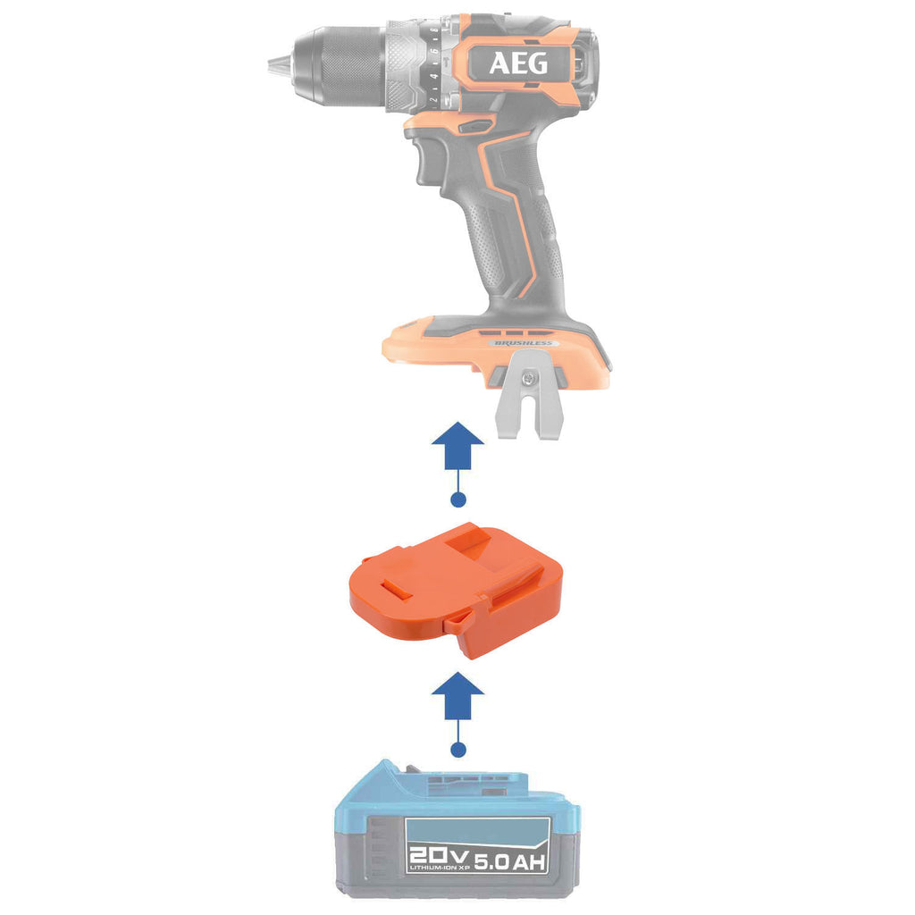 Hercules 20V to AEG 18V battery adapter - compatibility diagram showing battery, adapter and drill driver