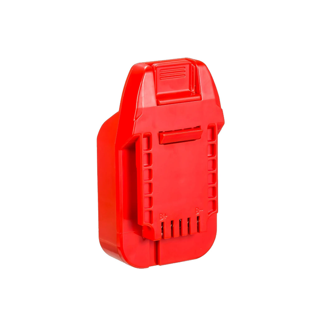 Hercules 20V to Bauer 20V battery adapter - Bauer tool-side connection face-on, terminal slots between the polarity marks