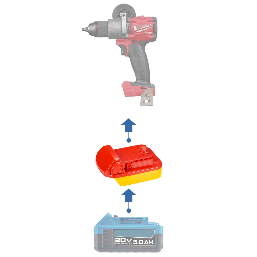 Hercules 20V to Milwaukee M18 battery adapter - compatibility diagram showing battery, adapter and hammer drill