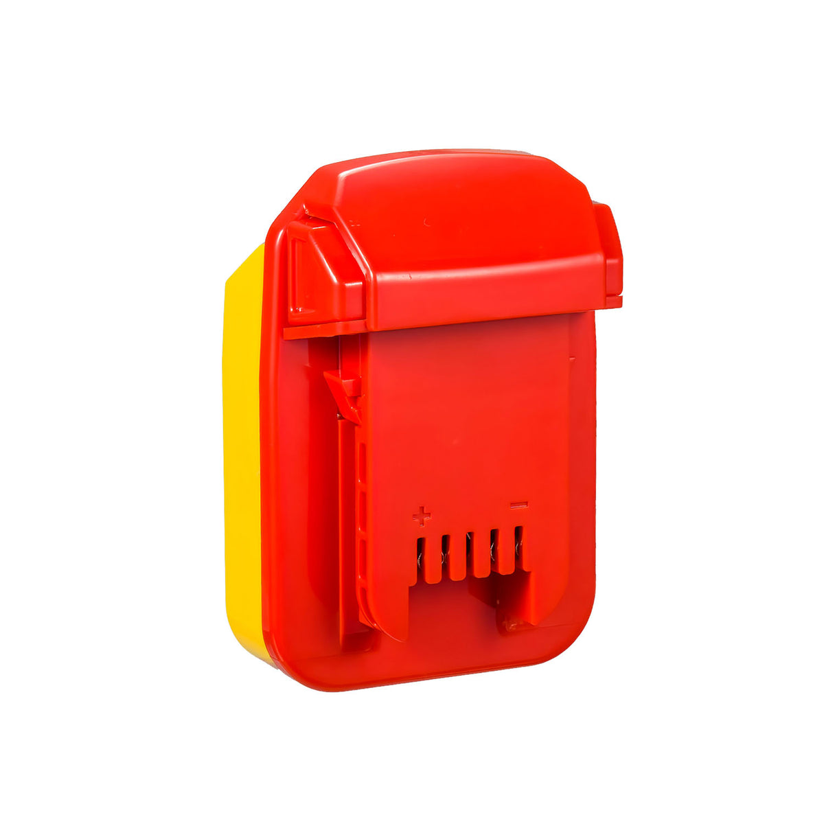 Hercules 20V to Milwaukee M18 battery adapter - Milwaukee tool-side connection, terminal slots between the polarity marks