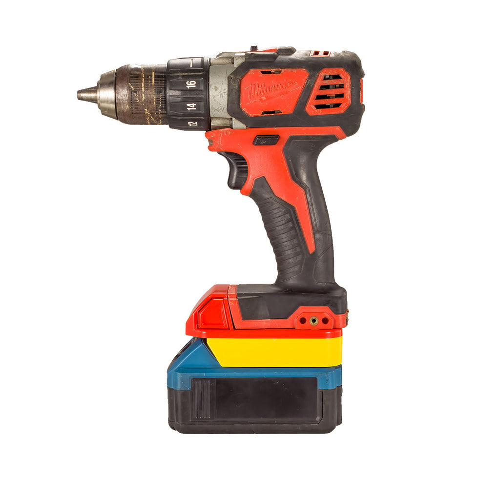 Hercules 20V to Milwaukee M18 battery adapter - fitted to the battery, drill installed, Milwaukee tool-side connection