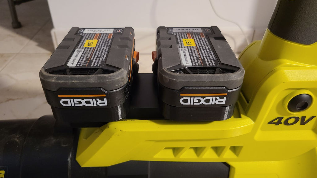 RIDGID 18V to Ryobi 36V/40V battery adapter - installed on a blower with two battery packs seated in the adapter