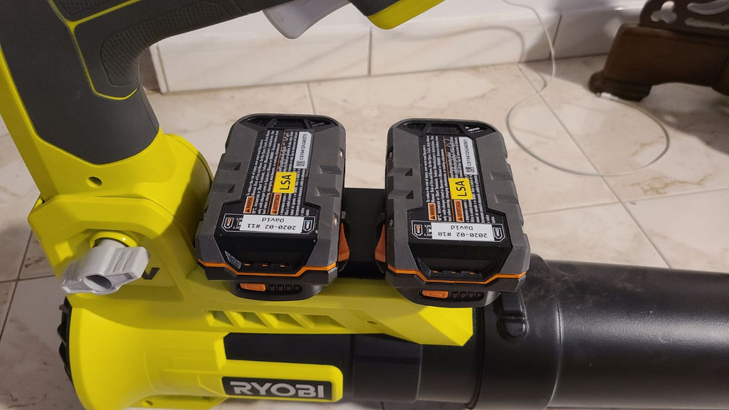 RIDGID 18V to Ryobi 36V/40V battery adapter - installed on a blower with two battery packs seated in the adapter