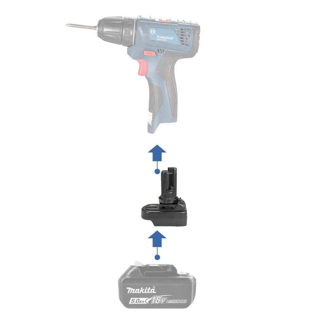 Makita 18V LXT to Bosch 12V battery adapter - compatibility diagram showing battery, adapter and cordless drill driver