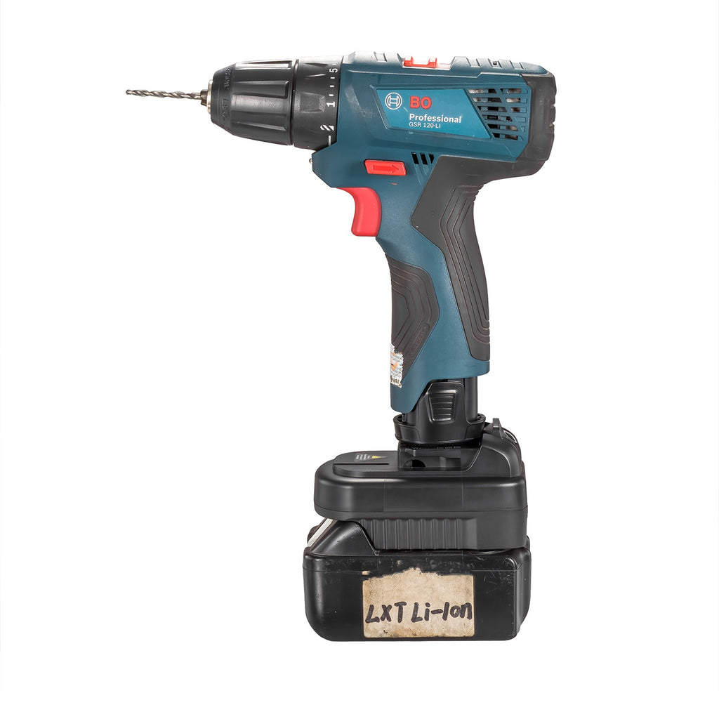 Makita 18V LXT to Bosch 12V battery adapter - drill driver installed on the adapter, battery fitted below