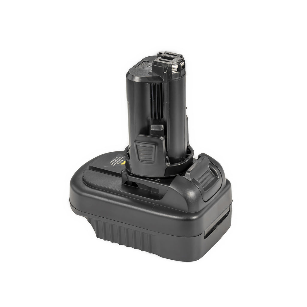 Makita 18V LXT to Bosch 12V battery adapter - Bosch 12V tool-side post upward, ribbed release button beside it