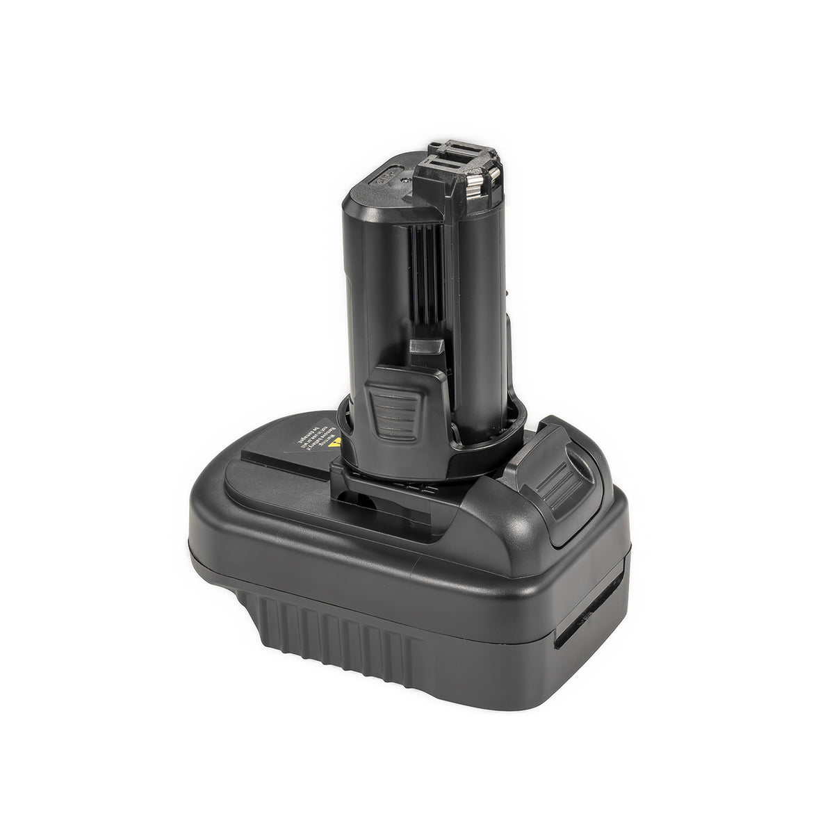 Makita 18V LXT to Bosch 12V battery adapter - Bosch 12V tool-side post upward, ribbed release button beside it
