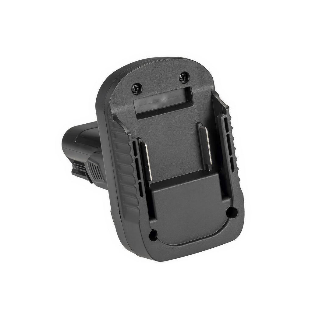 Makita 18V LXT to Bosch 12V battery adapter - battery-side connection with twin copper terminal blades, side rails
