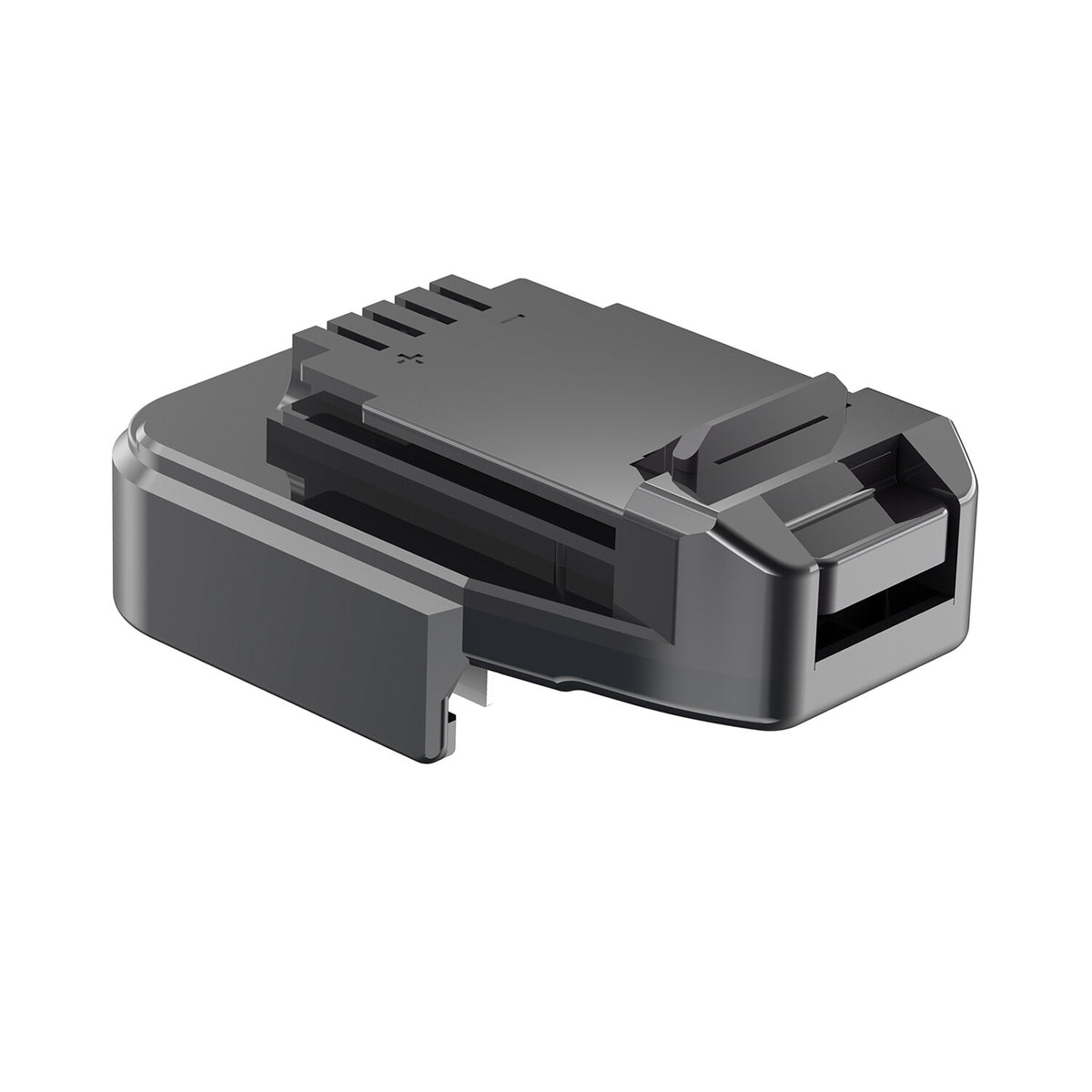 Makita 18V LXT to Black and Decker 20V battery adapter - tool-side connection, ribbed contacts with + and - polarity marks