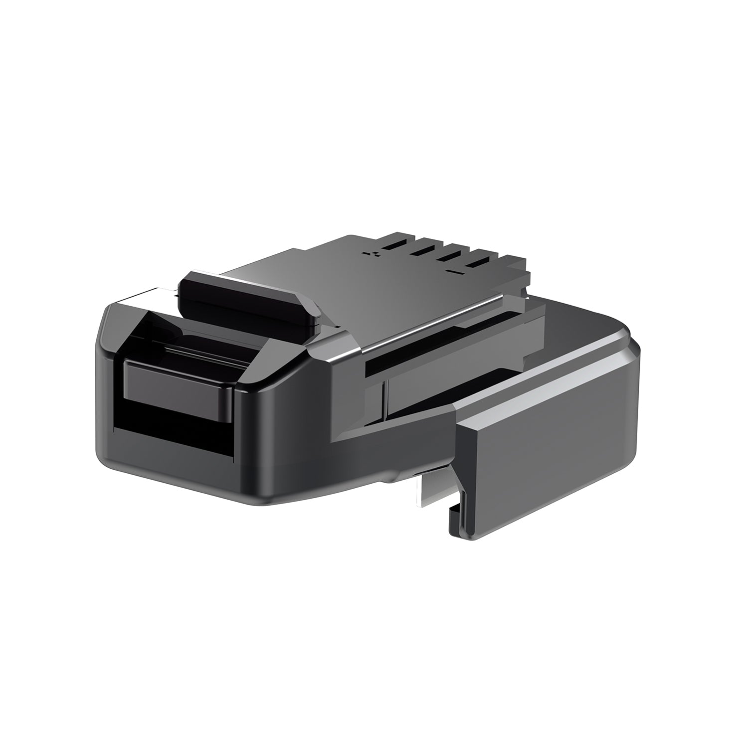Makita 18V LXT to Craftsman 20V Bolt-On battery adapter - side view showing both connections, tool-side terminal comb on top