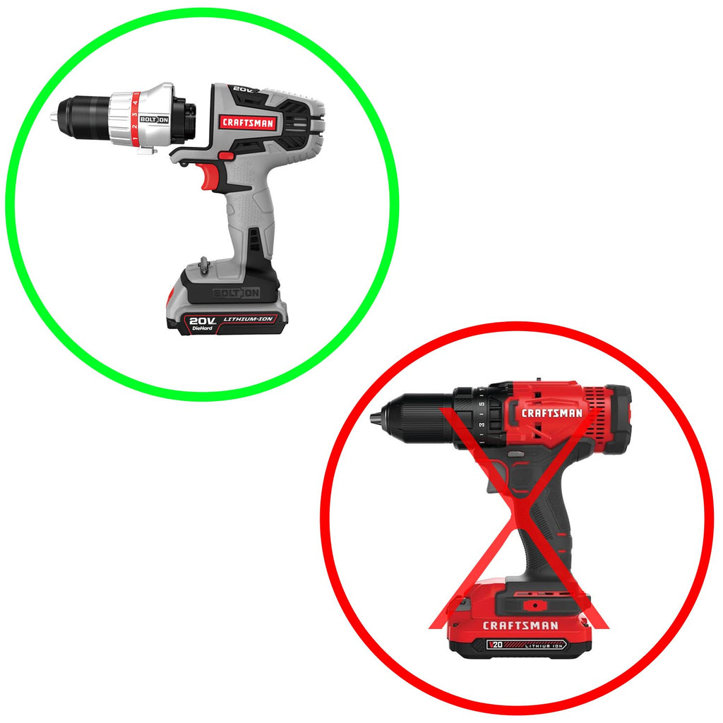 Makita 18V LXT to Craftsman 20V Bolt-On battery adapter - compatibility graphic with a cordless drill and its pack fitted
