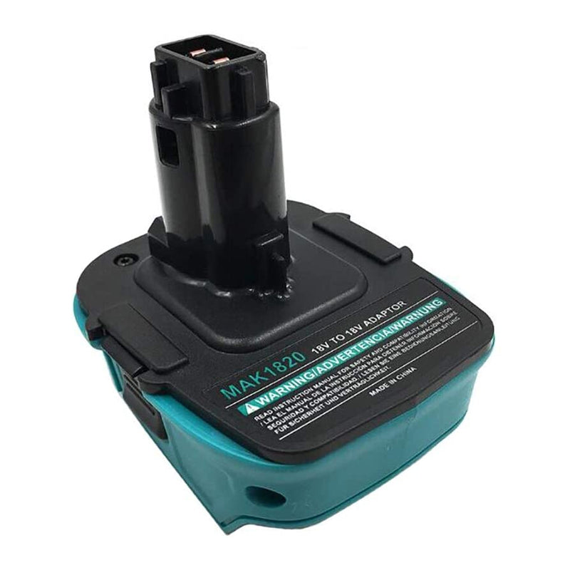 Makita 18V LXT to DeWalt 18V Ni-Cd battery adapter - post connector and rating label, angled
