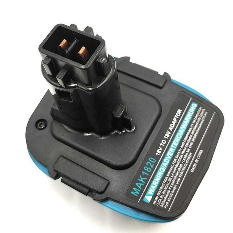 Makita 18V LXT to DeWalt 18V Ni-Cd battery adapter - post connector with copper blades, rating label alongside