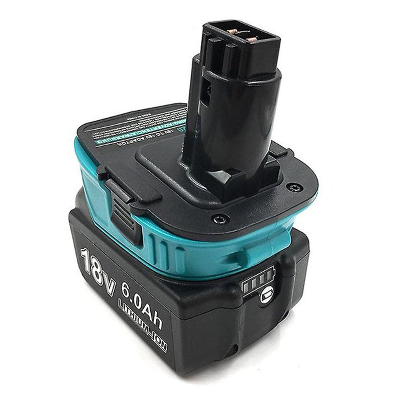Makita 18V LXT to DeWalt 18V Ni-Cd battery adapter - fitted to the Makita 18V LXT battery, copper contacts in the post