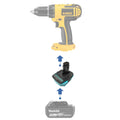 Makita 18V LXT to DeWalt 18V Ni-Cd battery adapter - compatibility diagram showing battery, adapter and drill