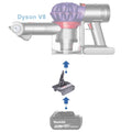 Makita 18V LXT to Dyson V8 battery adapter - compatibility diagram showing battery, adapter and cordless stick vacuum