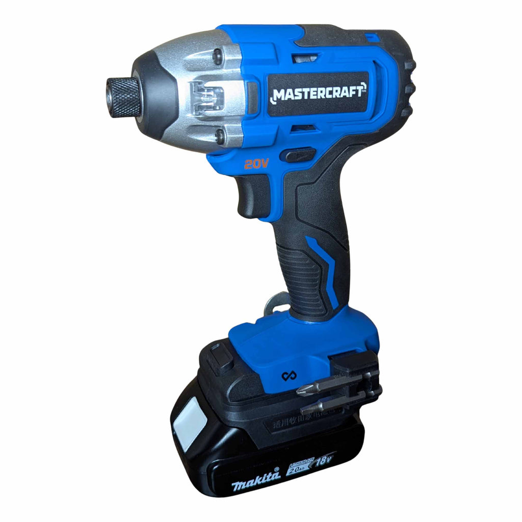 Makita 18V LXT to Mastercraft 20V (PWRPOD / Blue) battery adapter - installed on a Mastercraft impact driver, front view
