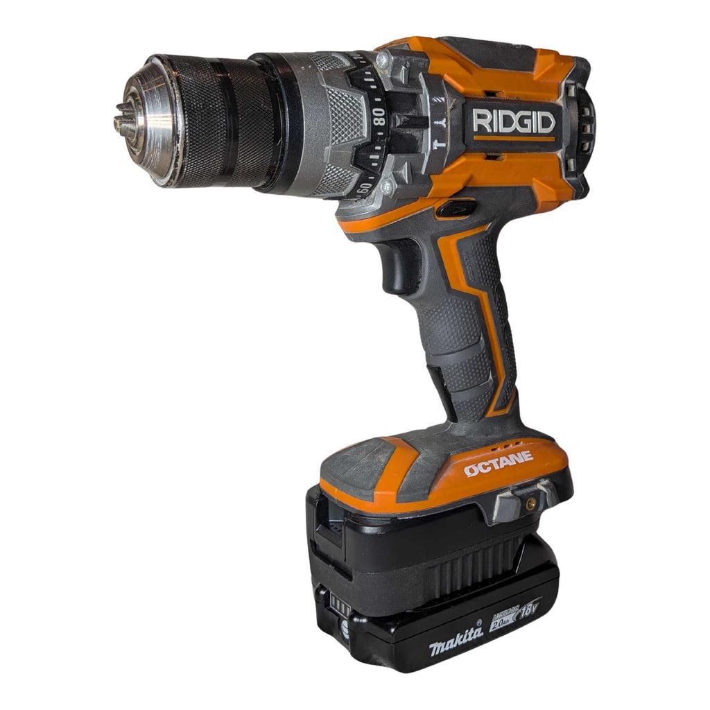 Makita 18V LXT to RIDGID 18V battery adapter - installed on a RIDGID drill with the Makita battery attached