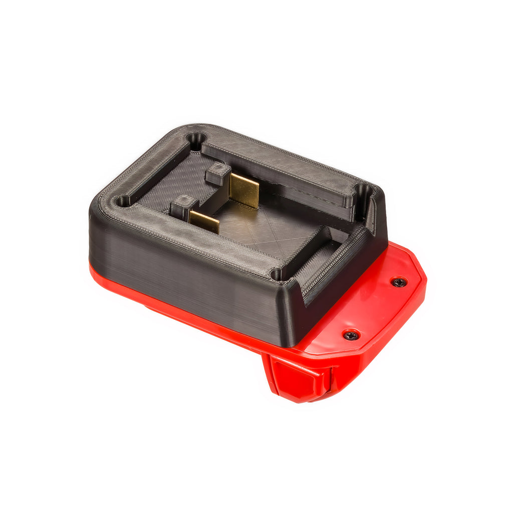 Mastercraft 20V (PWRPOD / Blue) to Milwaukee M18 battery adapter - battery-side connection with twin copper terminal blades
