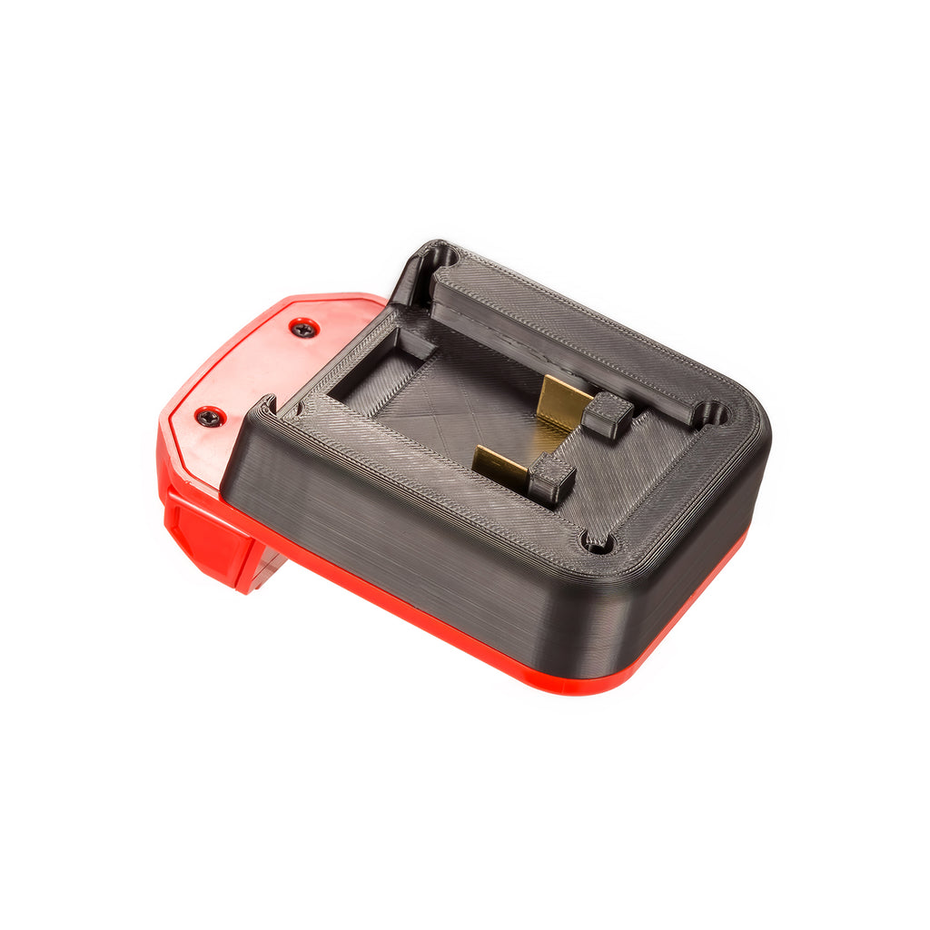 Mastercraft 20V (PWRPOD / Blue) to Milwaukee M18 battery adapter - battery-side connection with twin copper terminal blades