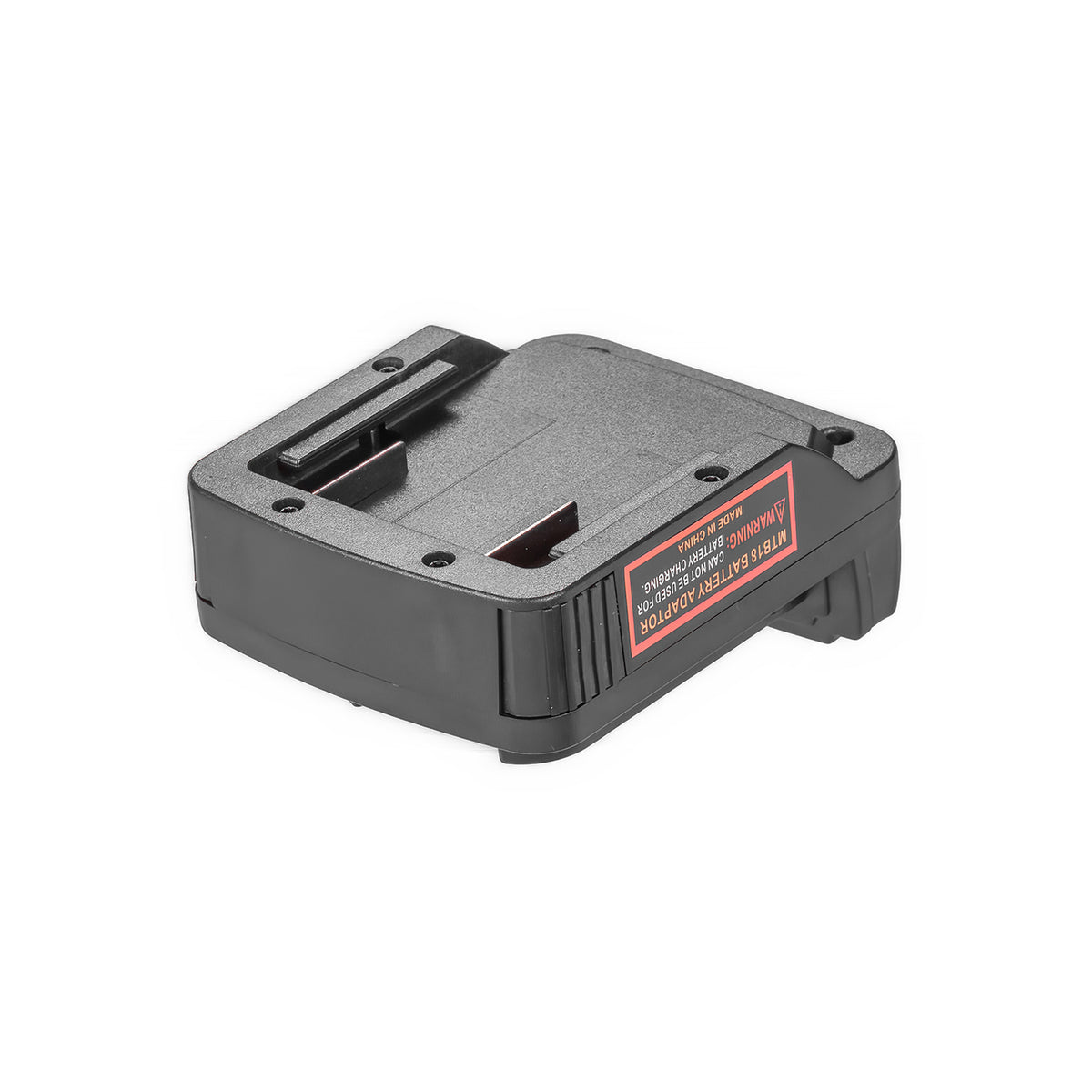 Metabo CAS 18V to Milwaukee M18 battery adapter - battery-side connection, recessed socket, terminal slots, warning label