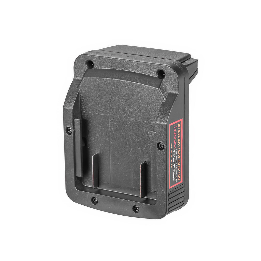 Metabo CAS 18V to Milwaukee M18 battery adapter - battery-side connection viewed head-on, socket rails, warning label