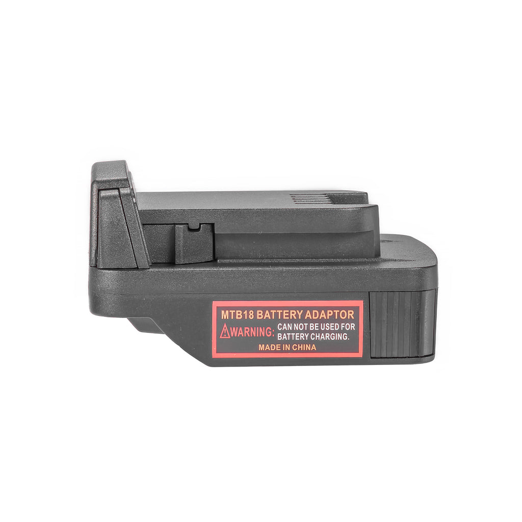 Metabo CAS 18V to Milwaukee M18 battery adapter - Milwaukee tool-side connection in profile, terminal slots, warning label