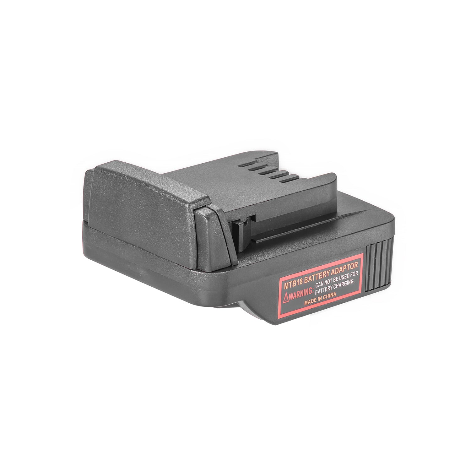 Metabo CAS 18V to Milwaukee M18 battery adapter - Milwaukee tool-side connection, raised rail, terminal slots, warning label