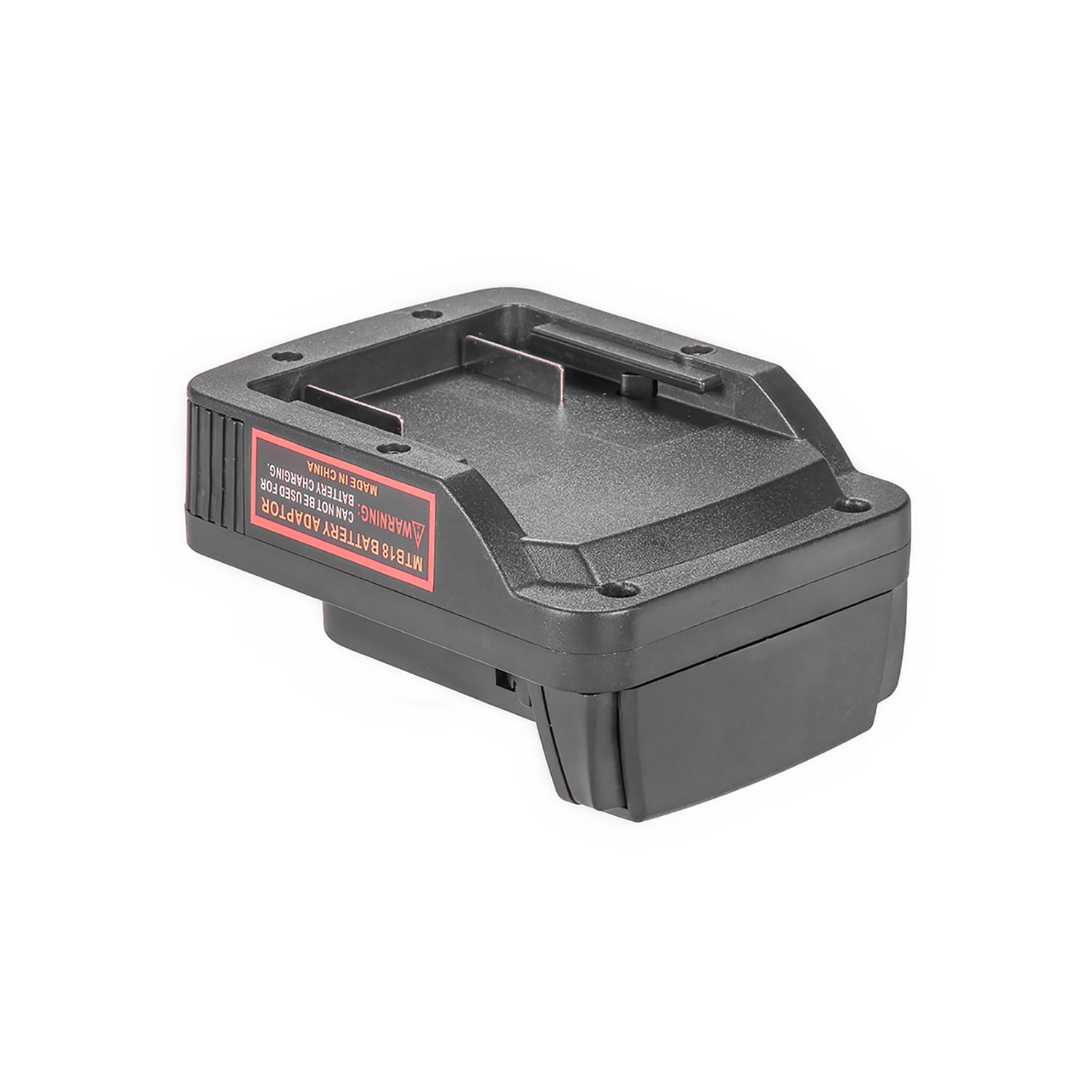 Metabo CAS 18V to Milwaukee M18 battery adapter - battery-side connection, recessed socket, terminal slots, warning label