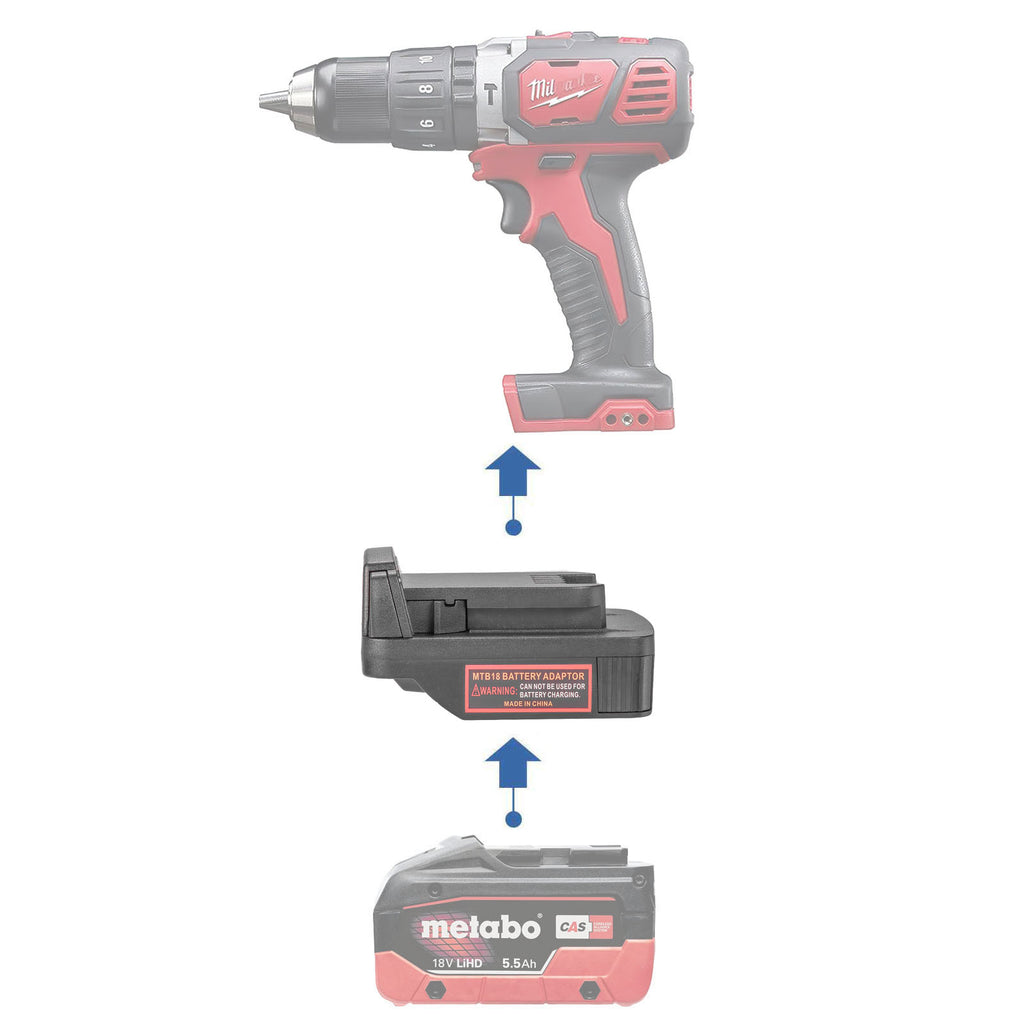Metabo CAS 18V to Milwaukee M18 battery adapter - compatibility diagram showing battery, adapter and hammer drill