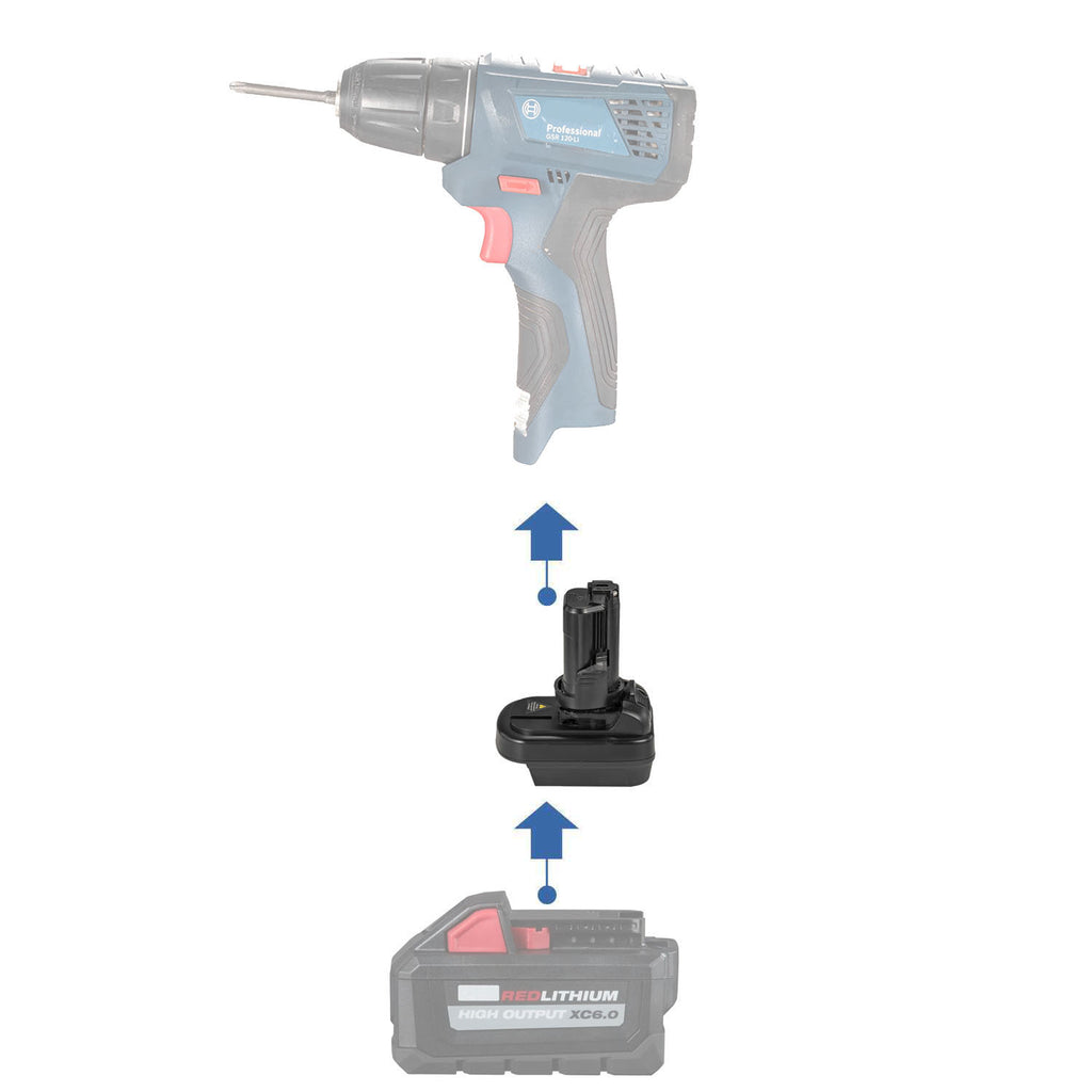 Milwaukee M18 to Bosch 12V battery adapter - compatibility diagram showing battery, adapter and cordless drill driver