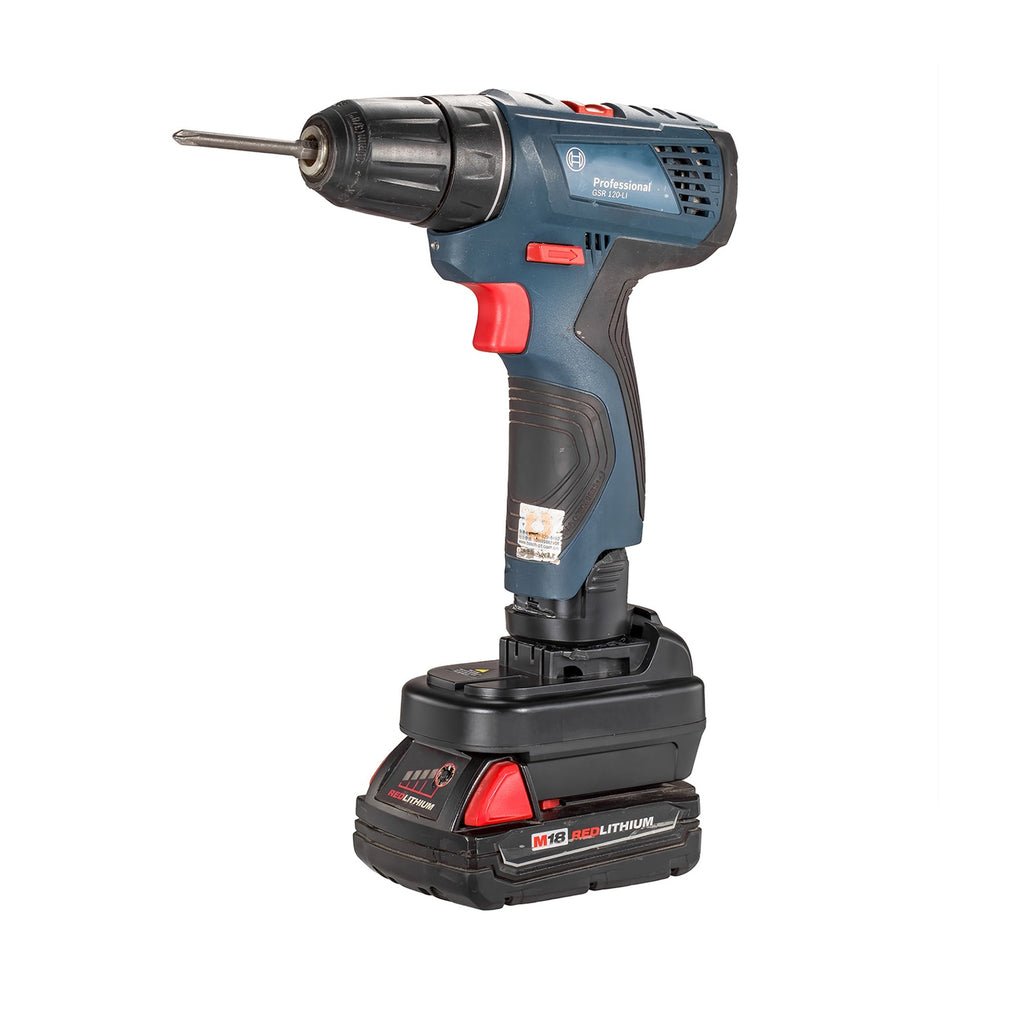 Milwaukee M18 to Bosch 12V battery adapter - drill driver installed on the adapter, battery fitted below
