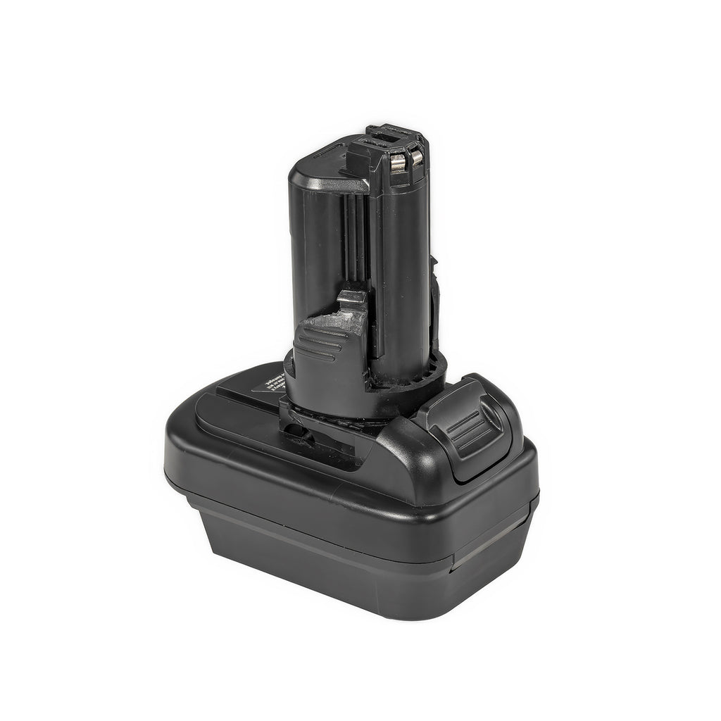 Milwaukee M18 to Bosch 12V battery adapter - tool-side stem above the body, ribbed release catch at the side
