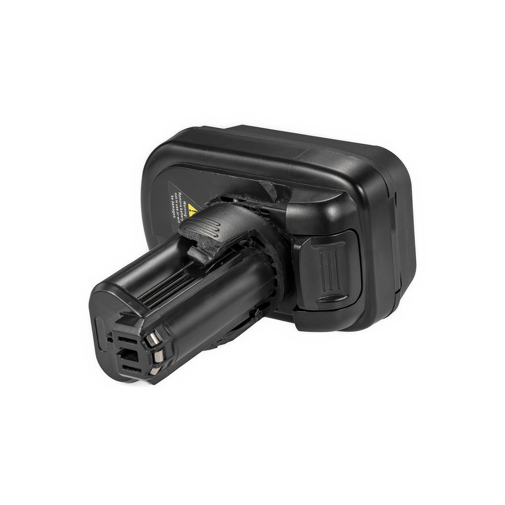Milwaukee M18 to Bosch 12V battery adapter - tool-side connector head end-on, terminal blades and keyed slots