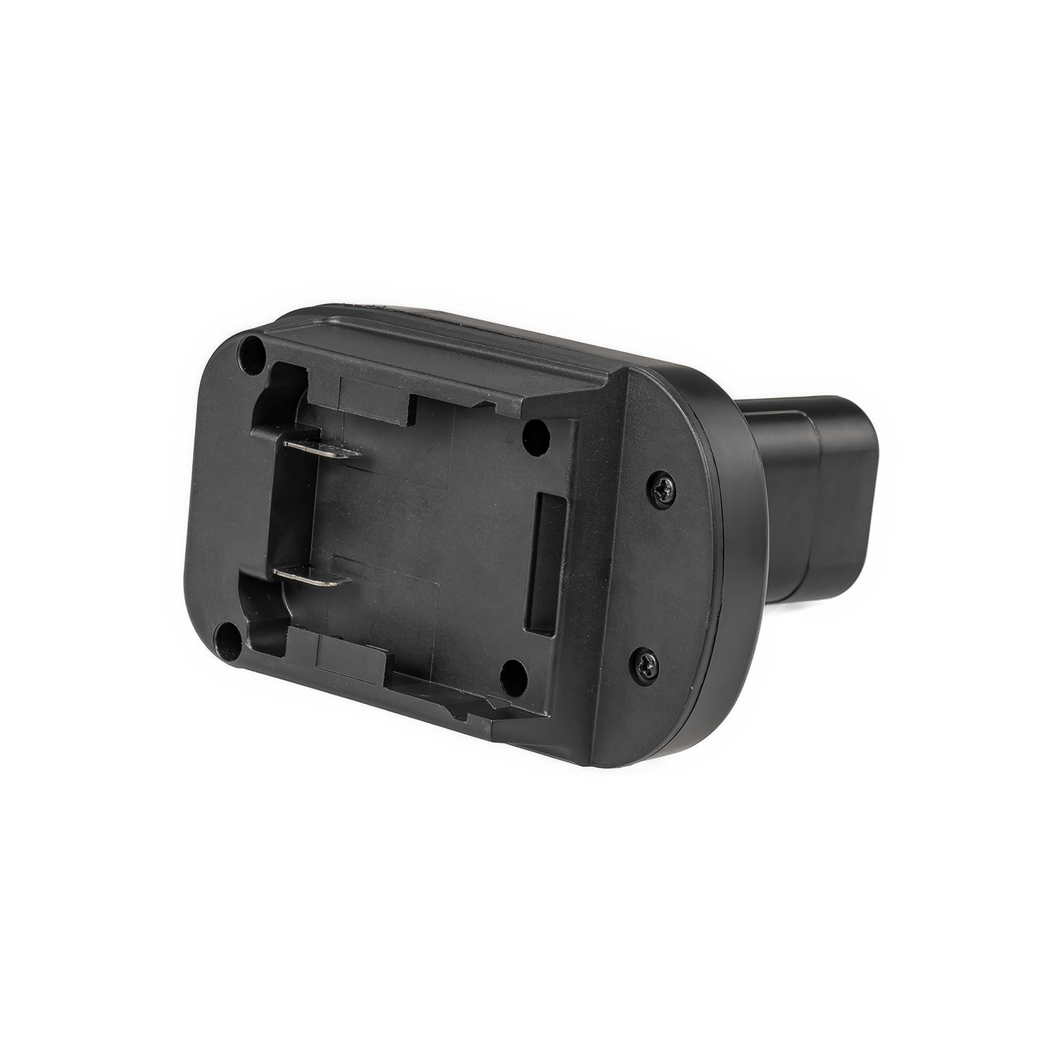 Milwaukee M18 to Bosch 12V battery adapter - battery-side connection face-on, twin terminal blades and screws
