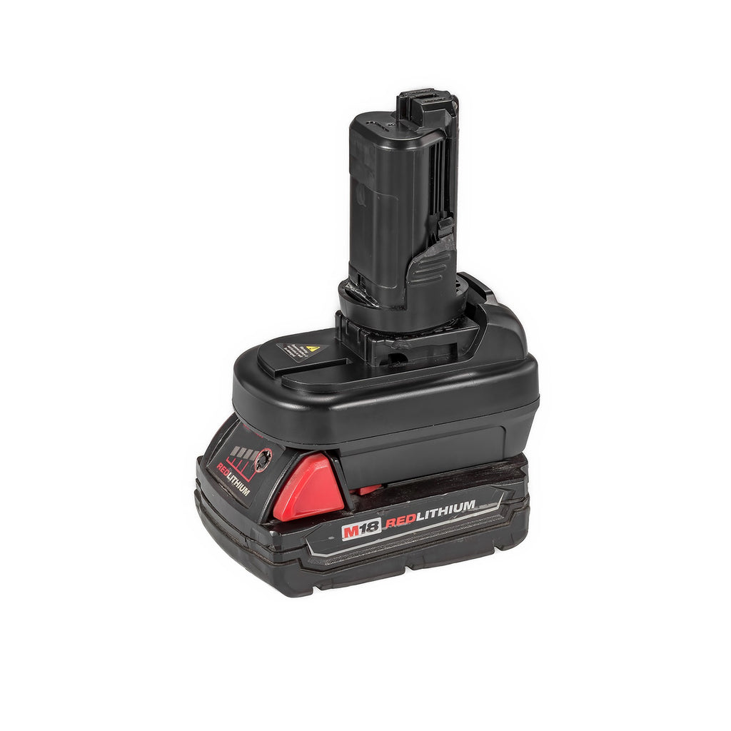 Milwaukee M18 to Bosch 12V battery adapter - fitted to the Milwaukee M18 battery, Bosch 12V tool-side post upward