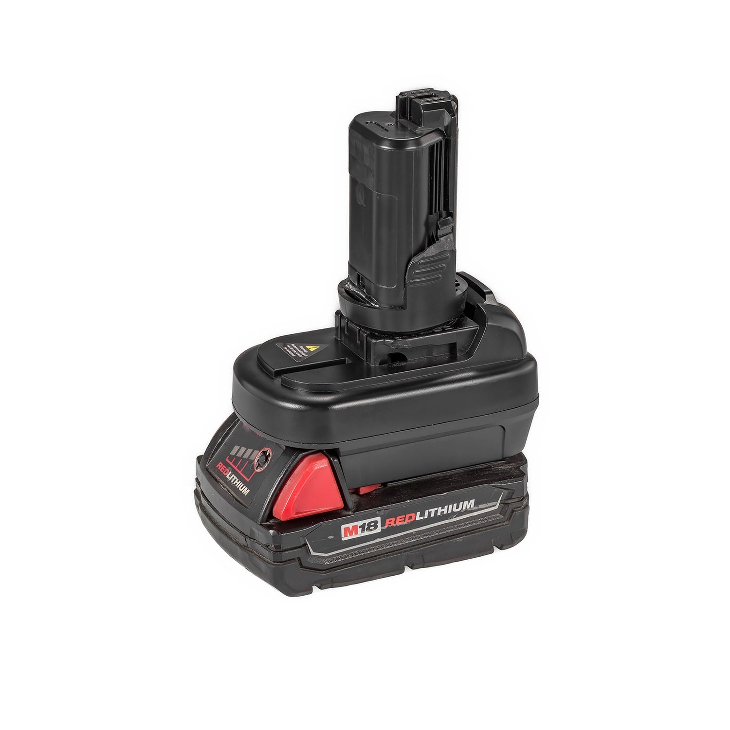 Milwaukee M18 to Bosch 12V battery adapter - fitted to the Milwaukee M18 battery, Bosch 12V tool-side post upward