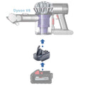 Milwaukee M18 to Dyson V6 battery adapter - compatibility diagram showing battery, adapter and cordless stick vacuum