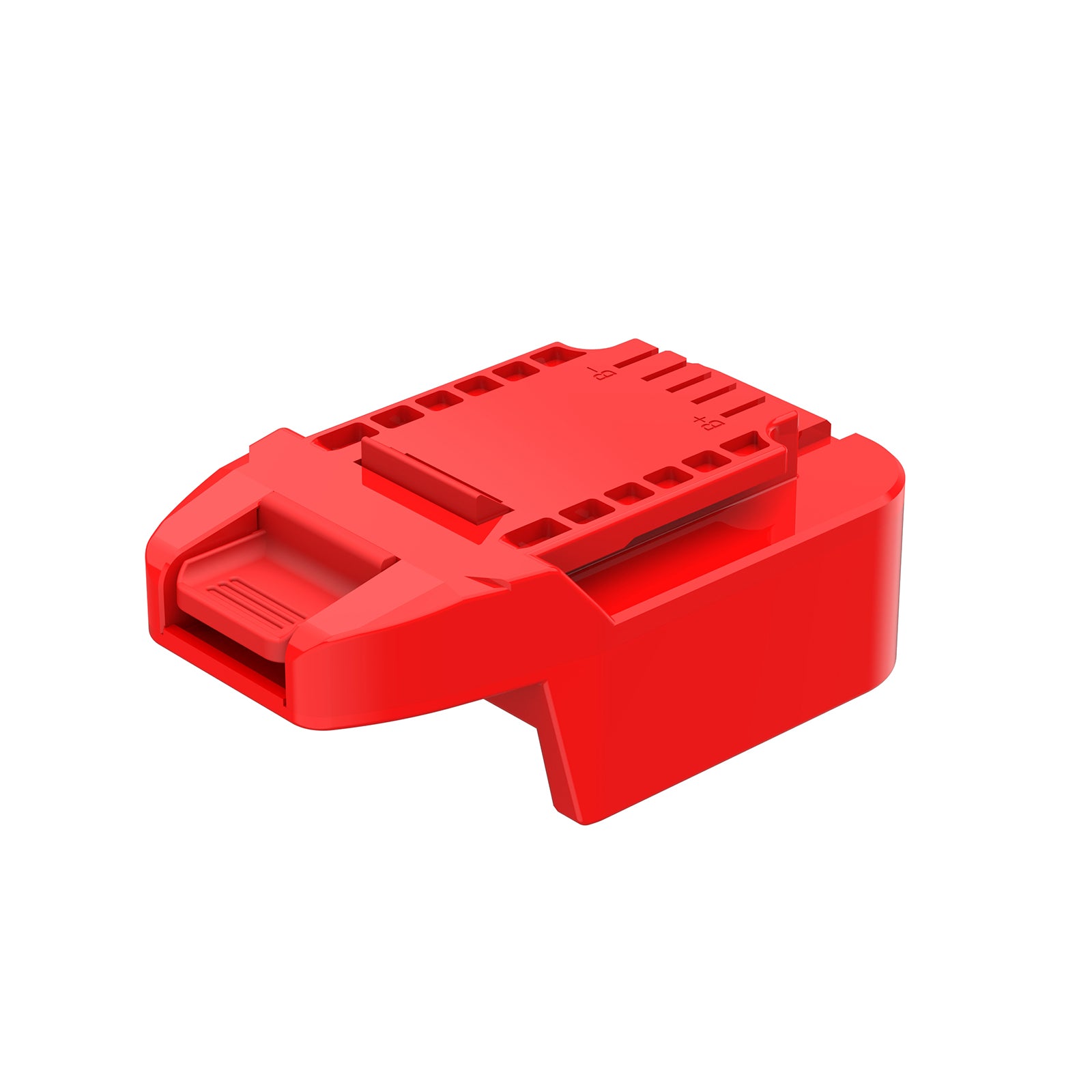 Milwaukee M18 to Bauer 20V battery adapter - Bauer tool-side connection with terminal slots and the ribbed release catch