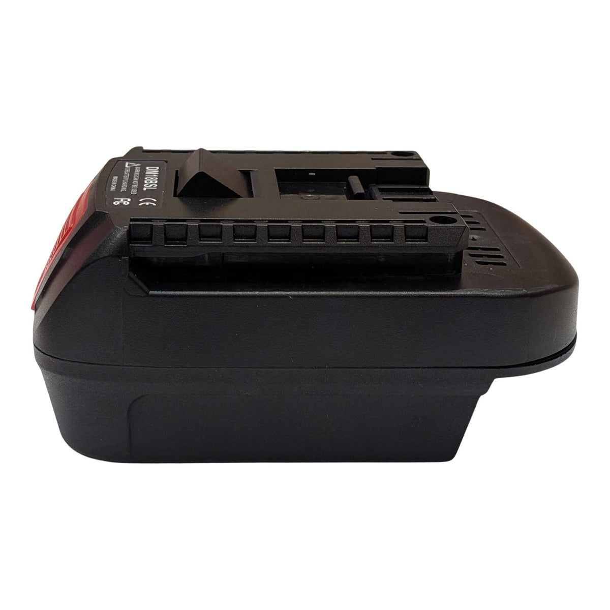 Milwaukee M18 to Bosch 18V GBA (Blue) battery adapter - side view with the tool-side rails and the release catch edge-on