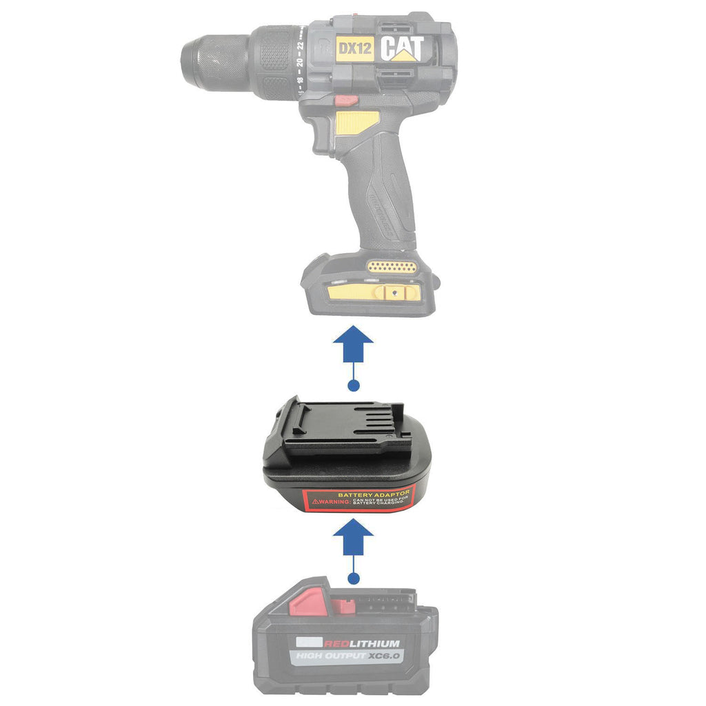 Milwaukee M18 to CAT 18V battery adapter - compatibility diagram showing battery, adapter and drill driver