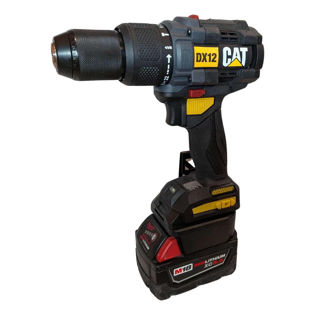 Milwaukee M18 to CAT 18V battery adapter - installed on a drill driver with the battery fitted below