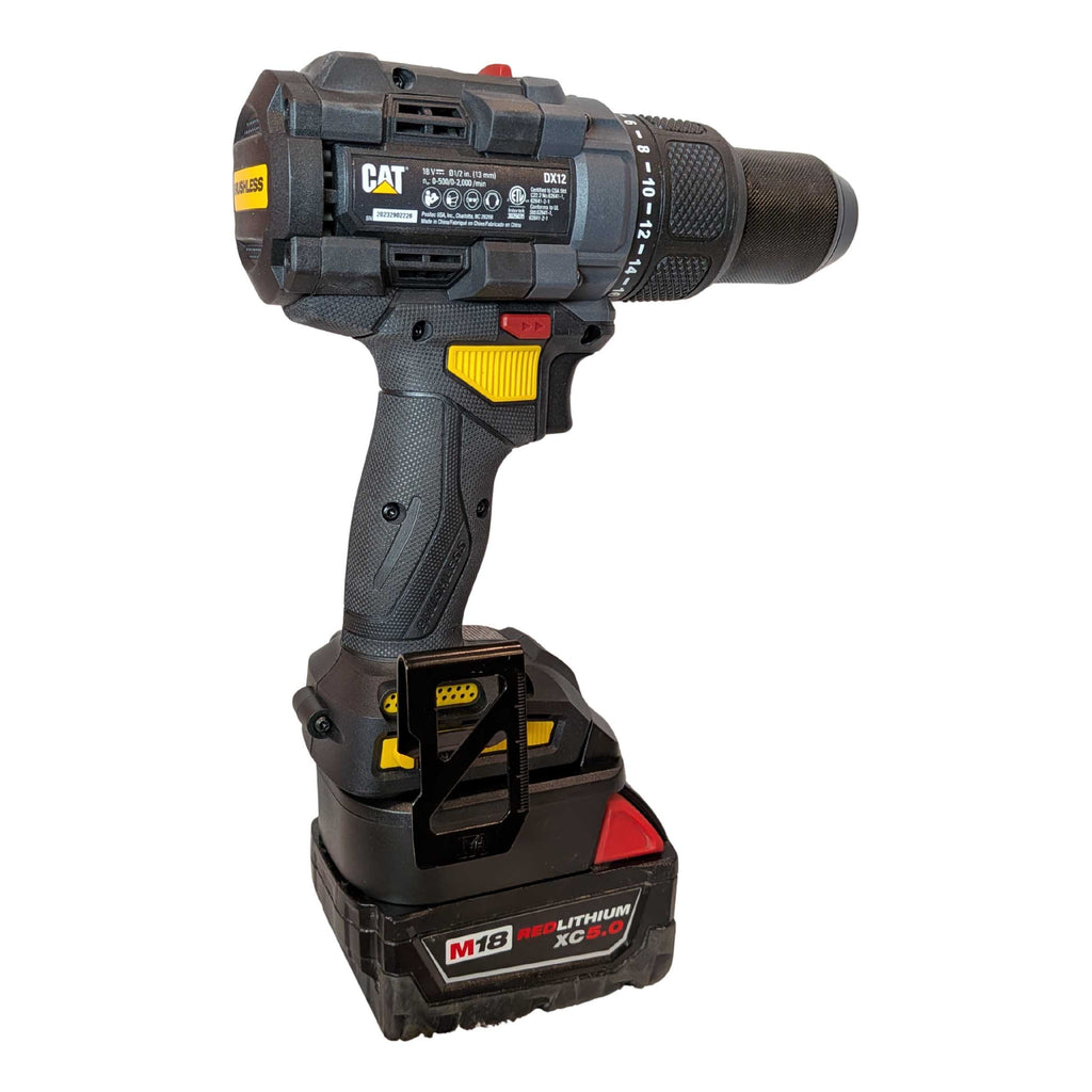 Milwaukee M18 to CAT 18V battery adapter - rear view installed on a drill driver with the battery fitted below