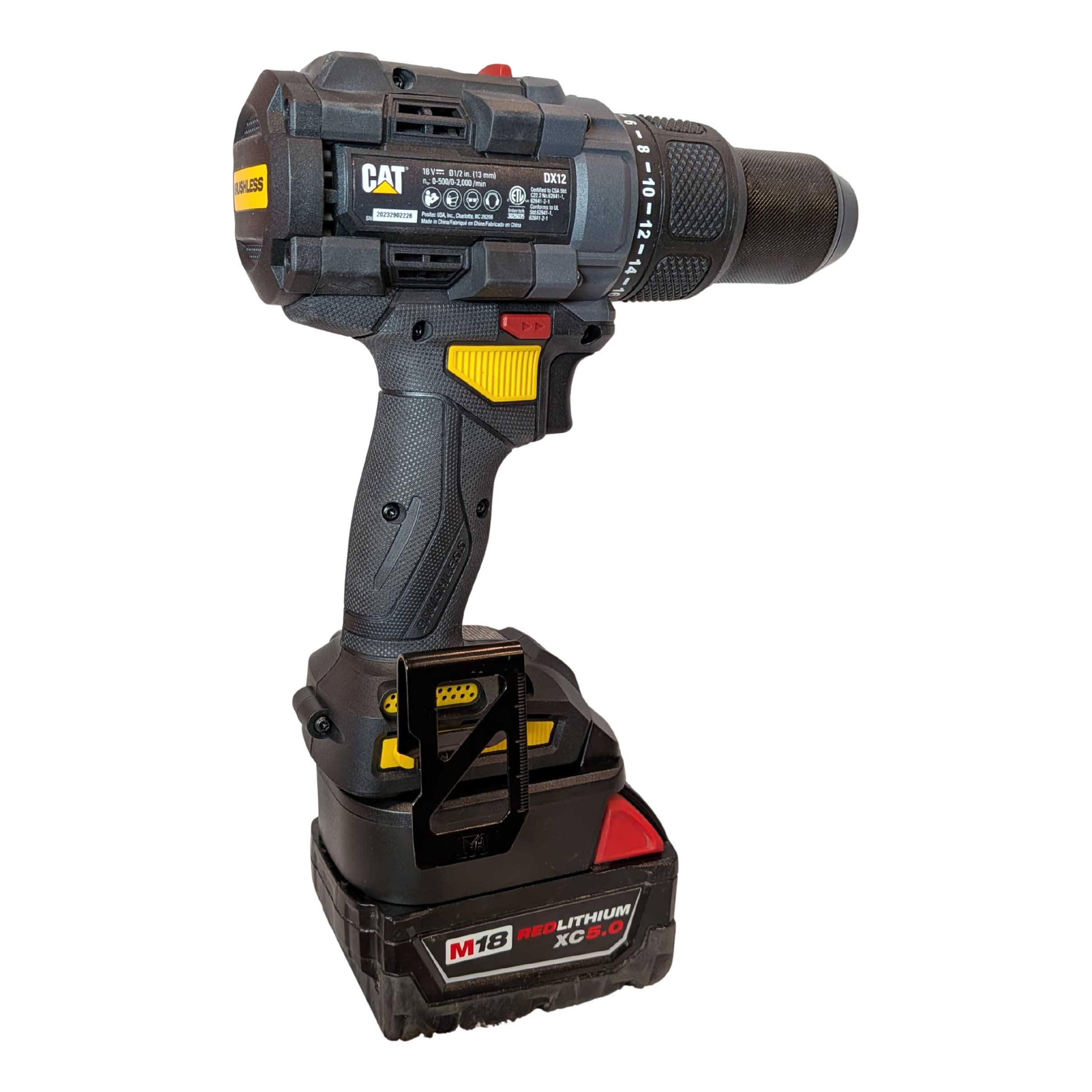 Milwaukee M18 to CAT 18V battery adapter - rear view installed on a drill driver with the battery fitted below
