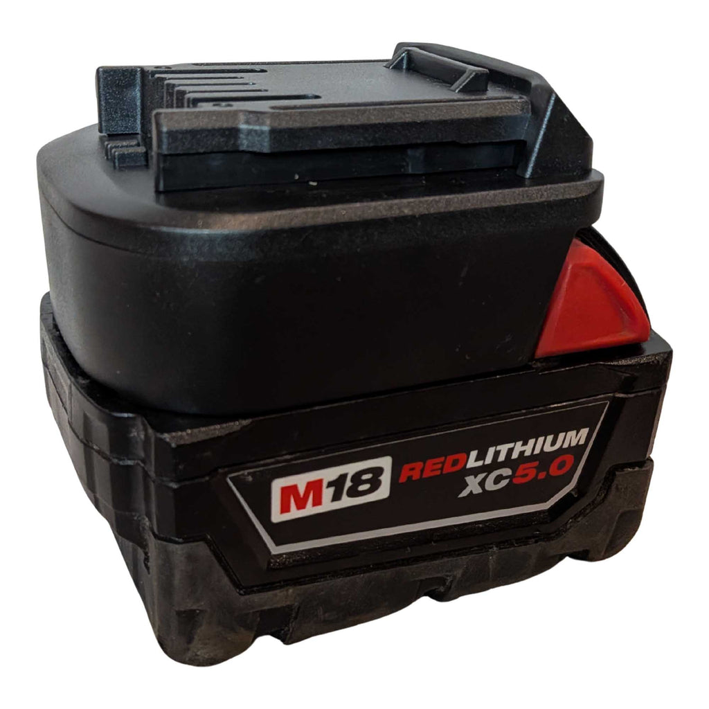Milwaukee M18 to CAT 18V battery adapter - fitted to the Milwaukee M18 battery, CAT tool-side face upward